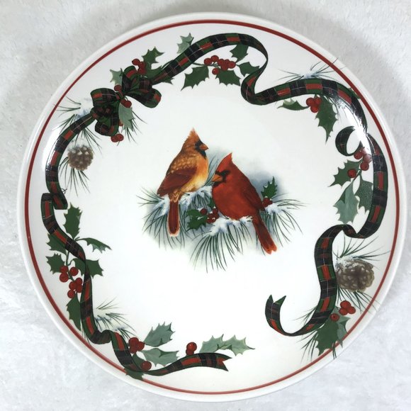 Christmas Cardinal Decorative Plate Mistletoe Mountain White Red - Picture 4 of 7
